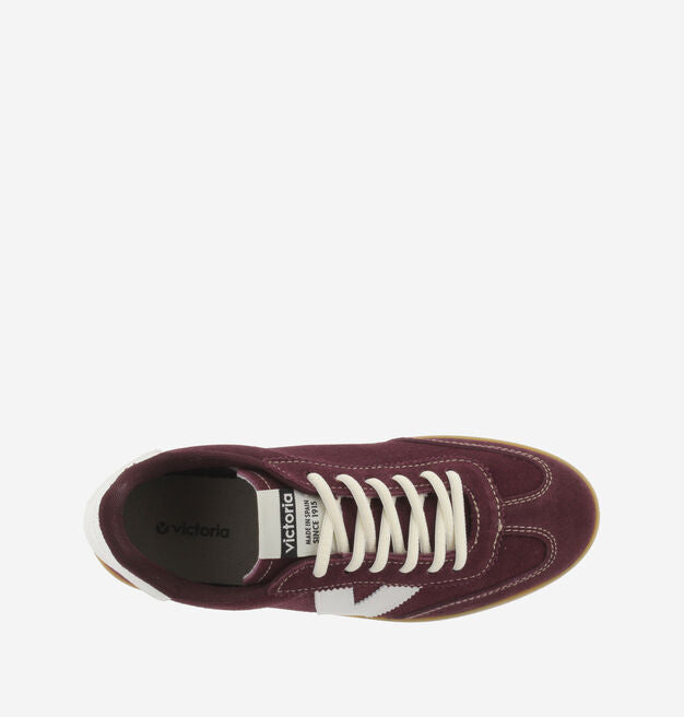 burgundy trainers with white v and rear with white laces birds eye view