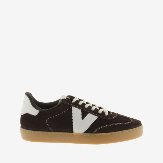 chocolate brown suede trainers with white back and v with off white laces 