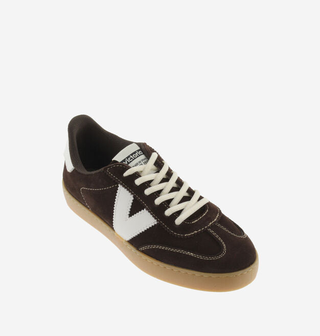 chocolate brown suede trainers with white back and v with off white laces birds eye view 