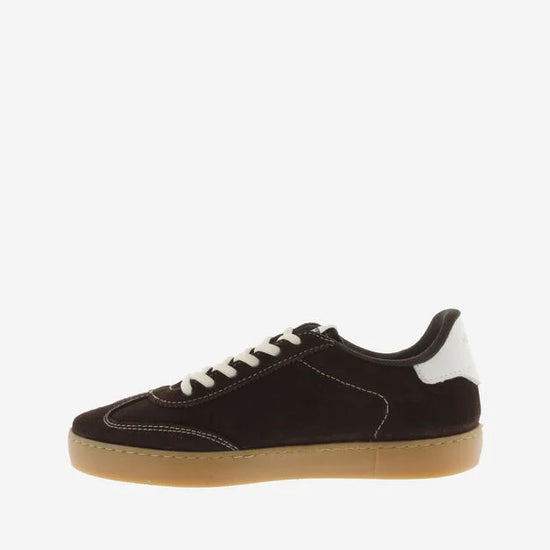 chocolate brown suede trainers with white back and v with off white laces  side view 