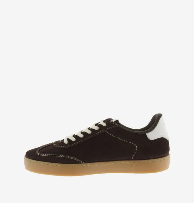 chocolate brown suede trainers with white back and v with off white laces  side view 