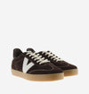 chocolate brown suede trainers with white back and v with off white laces  front view 