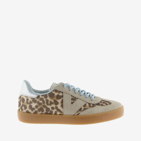 animal print trainers with blue laces 