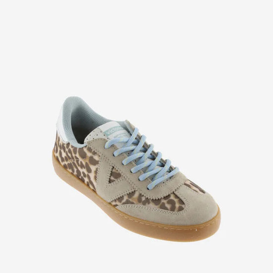 animal print trainers with blue laces  