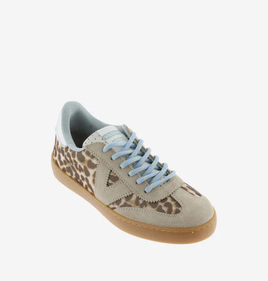 animal print trainers with blue laces  