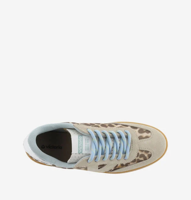 animal print trainers with blue laces  birds eye view