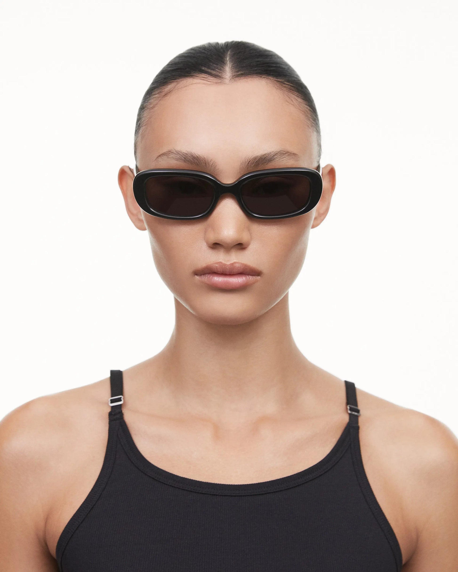 Black rectangular framed sunglasses