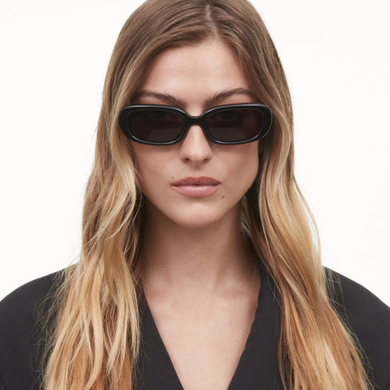 Black rectangular framed sunglasses