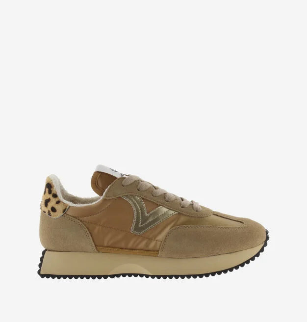 camel coloured trainers with metallic v and animal print rear 