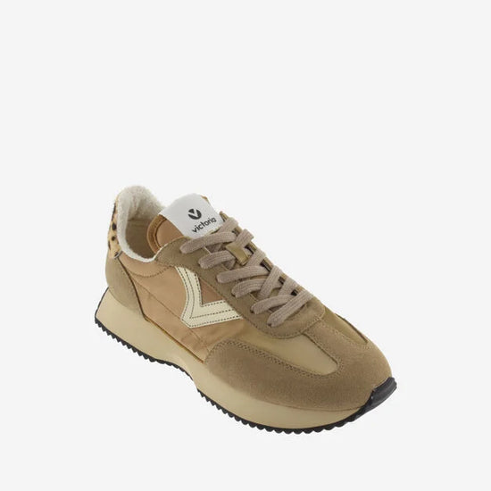 camel coloured trainers with metallic v and animal print rear  front view 
