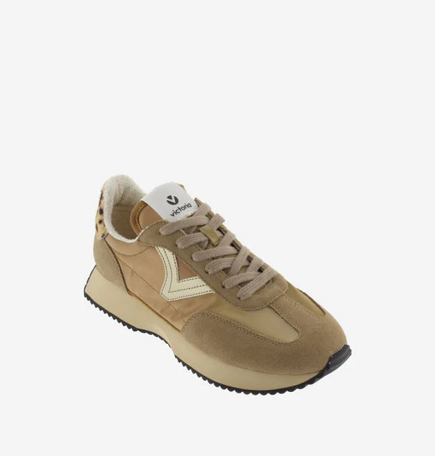 camel coloured trainers with metallic v and animal print rear  front view 
