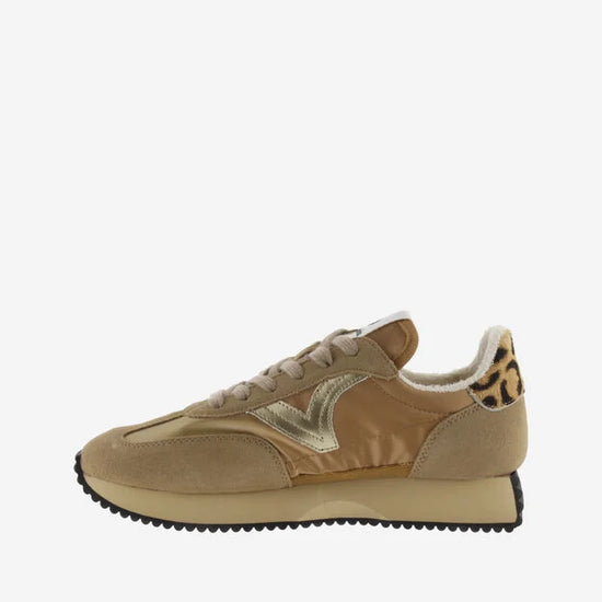 camel coloured trainers with metallic v and animal print rear side view