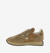 camel coloured trainers with metallic v and animal print rear side view
