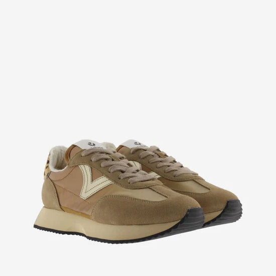 camel coloured trainers with metallic v and animal print rear  front view 