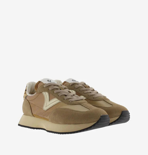 camel coloured trainers with metallic v and animal print rear  front view 