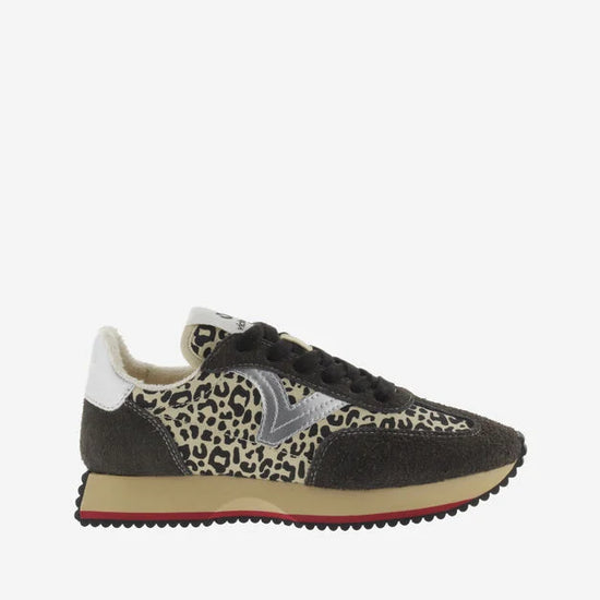 black trainers with silver v, animal print and black laces with fleece interior