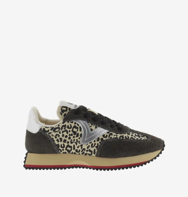 black trainers with silver v, animal print and black laces with fleece interior