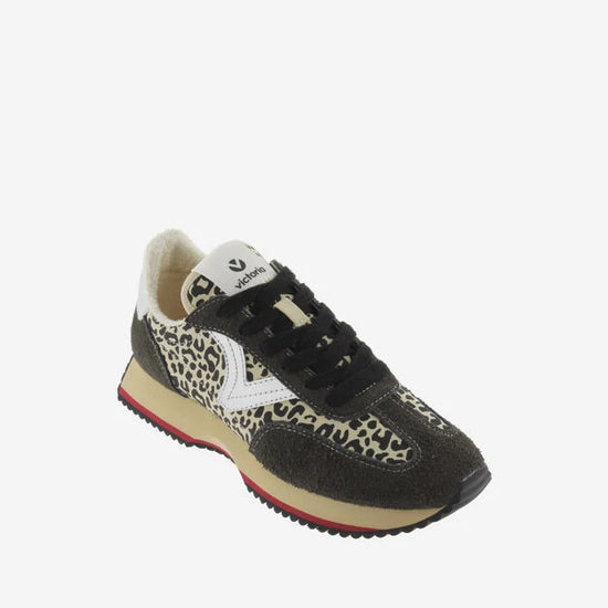 black trainers with silver v, animal print and black laces with fleece interior front view 