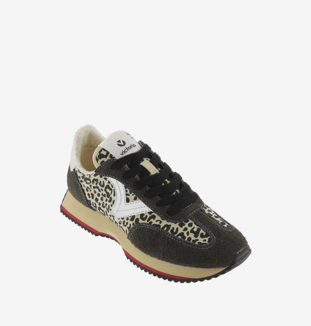 black trainers with silver v, animal print and black laces with fleece interior front view 