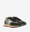 black trainers with silver v, animal print and black laces with fleece interior front view