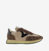 chocolate brown trainers with fleece interior, leopard print, black v and brown laces 