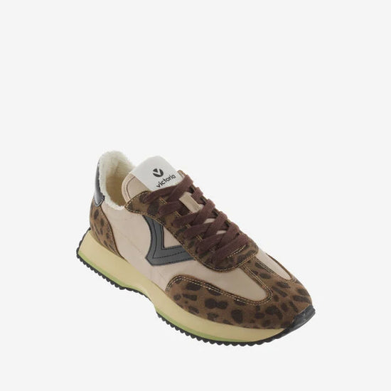 chocolate brown trainers with fleece interior, leopard print, black v and brown laces front view