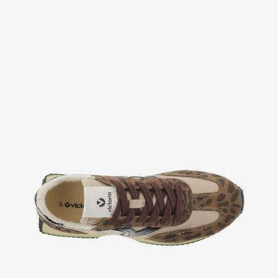 chocolate brown trainers with fleece interior, leopard print, black v and brown laces birds eye view