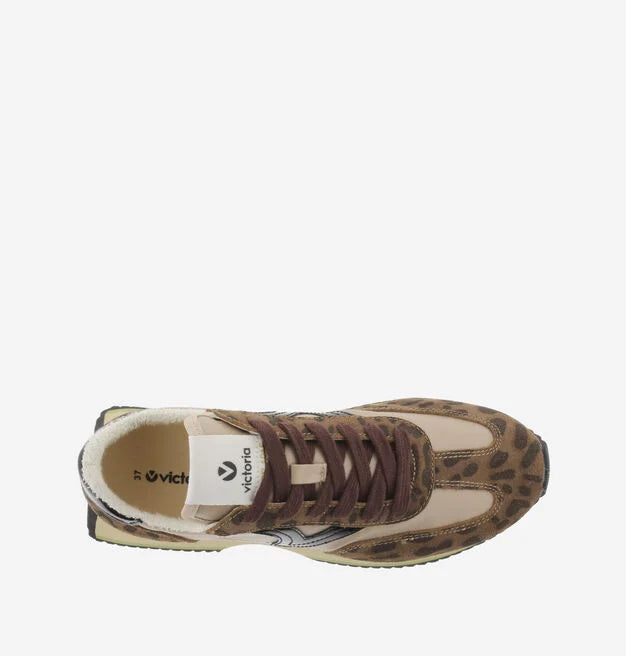 chocolate brown trainers with fleece interior, leopard print, black v and brown laces birds eye view