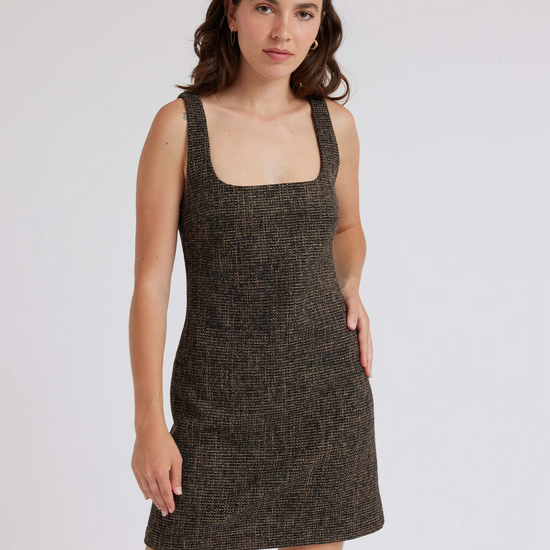 Scooped rounded square neck mini dress in black and gold boucle fabric