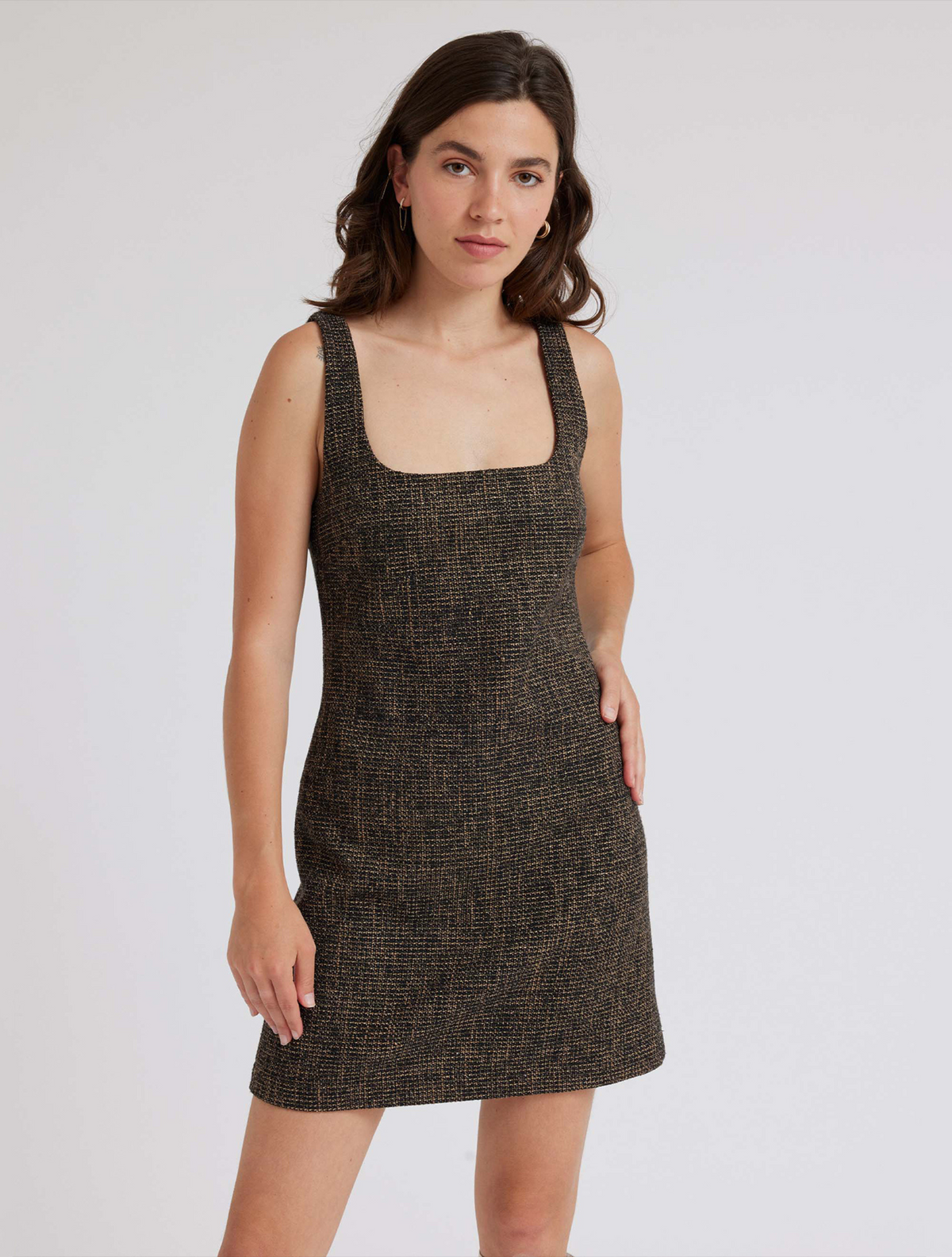 Scooped rounded square neck mini dress in black and gold boucle fabric