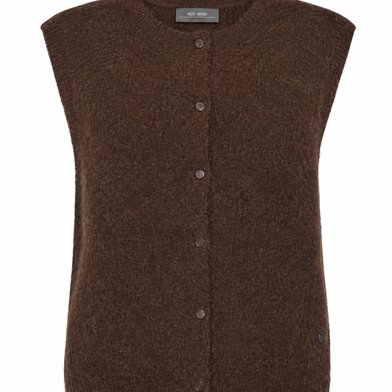 flat lay of a brown knit button through vest with a round neck 