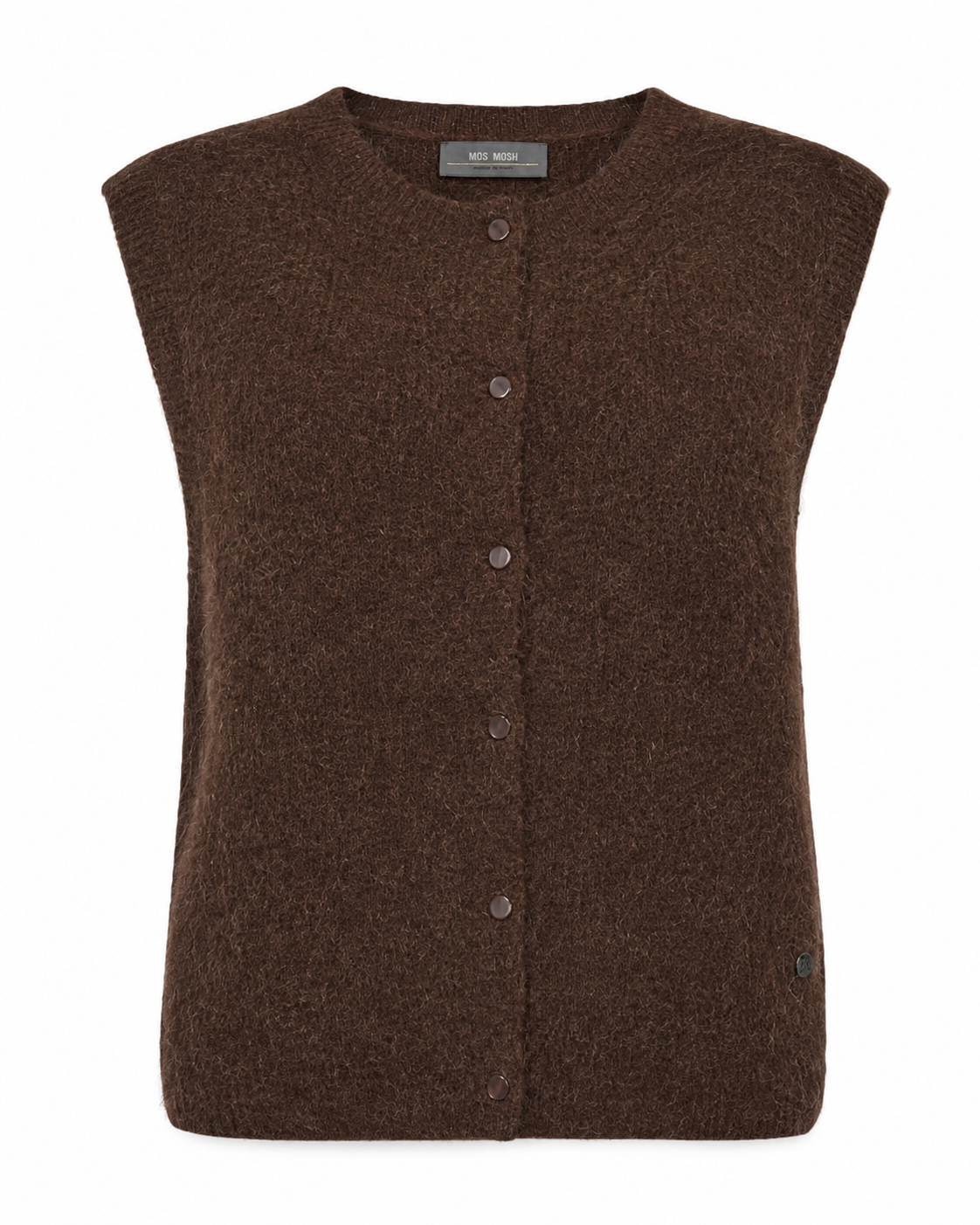 flat lay of a brown knit button through vest with a round neck 