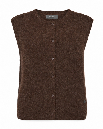 flat lay of a brown knit button through vest with a round neck 