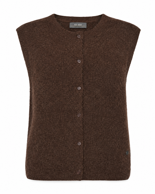 flat lay of a brown knit button through vest with a round neck 