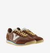 terracotta coloured suede trainers with cyclist toe and serrated tread side