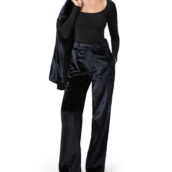 Navy velour drape trousers