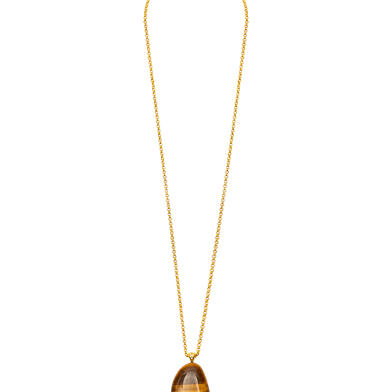 tigers eye rock stone pendant with cz stone and long gold chain with lobster clasp