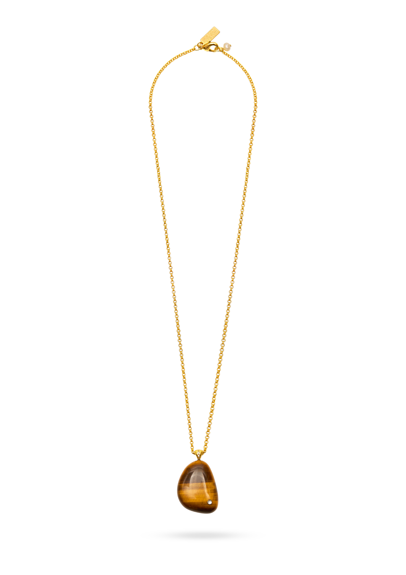 tigers eye rock stone pendant with cz stone and long gold chain with lobster clasp