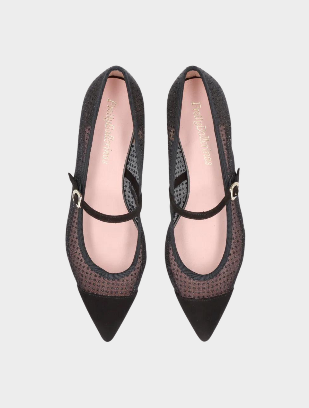 Mesh black ballet pumps with pointed toe and glitter black spots with a velvet toe and velvet strap across the arch of the foot
