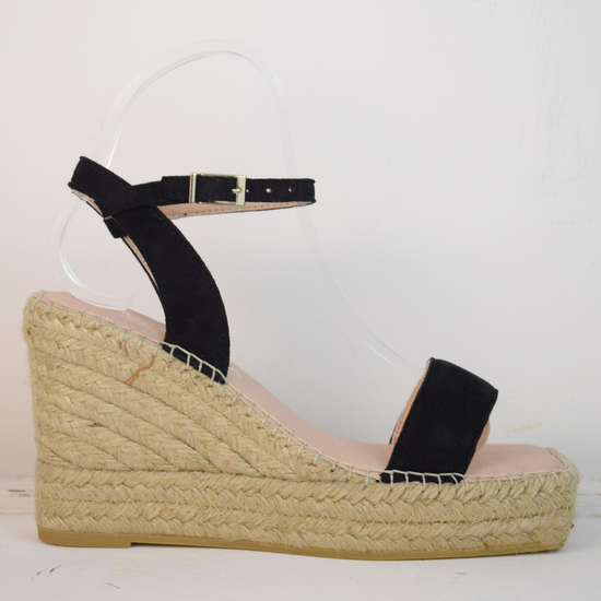 Raffia wedge sandal with black swede top and ankle strap 