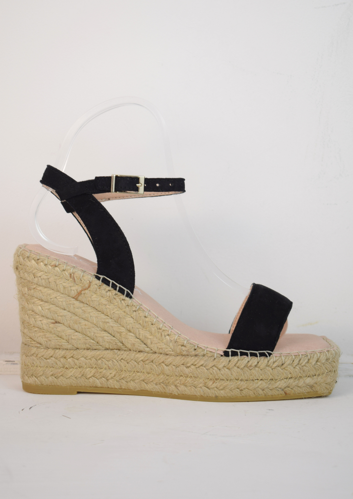Raffia wedge sandal with black swede top and ankle strap 