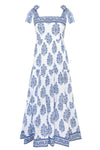 White dress with blue floral print with wide adjustable straps and tiered skirt