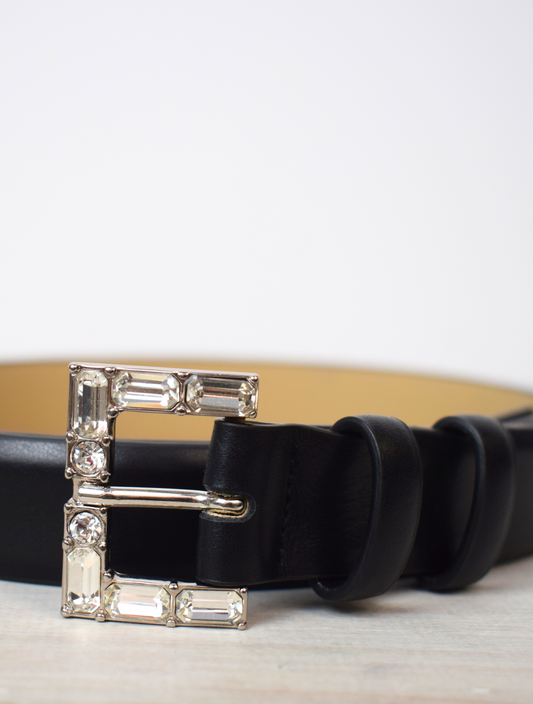 Smooth black medium belt with bejewelled buckle