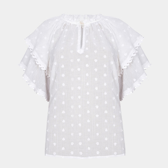 White polka dot blouse on a white background
