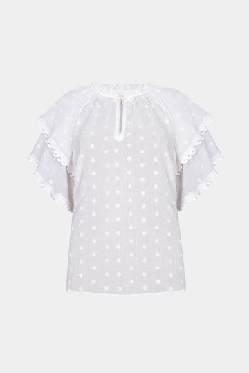 White polka dot blouse on a white background