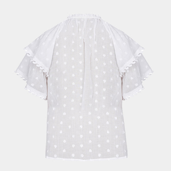 White blouse with polka dot pattern and ruffled sleeves on a white background