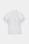 White blouse with polka dot pattern and ruffled sleeves on a white background