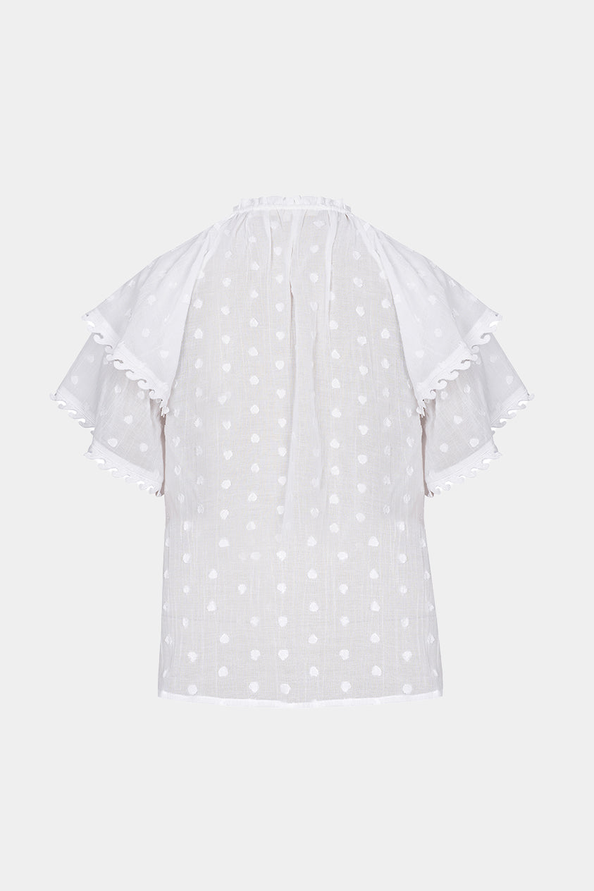 White blouse with polka dot pattern and ruffled sleeves on a white background