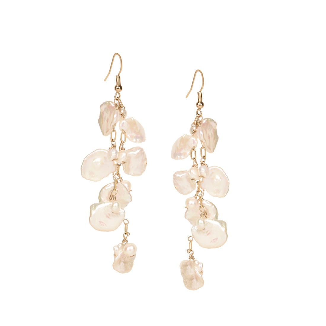 Gold plated brass earrings with cascades of fresh water pearls