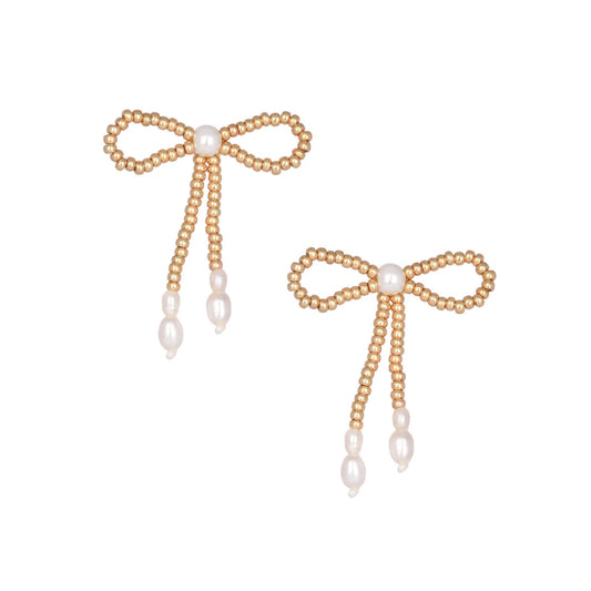 gold beaded bow earrings with pearl details